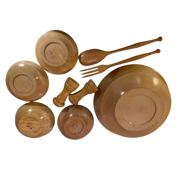 Woodpecker Woodware 9 Piece Salad Bowl Set VTG Light Wood MCM - Picture 4 of 5